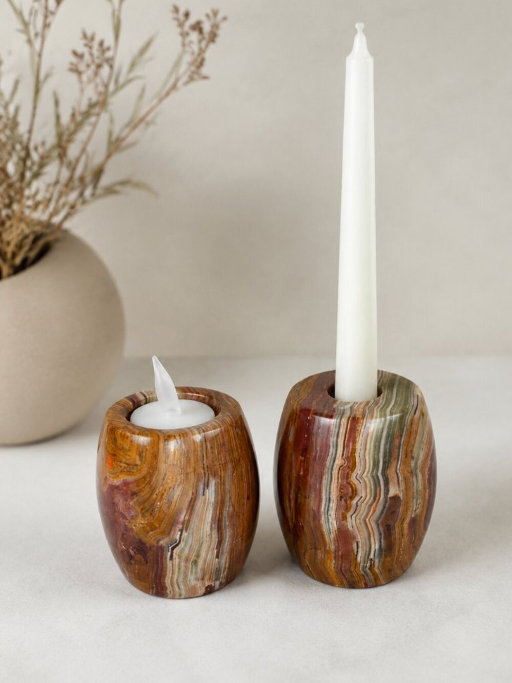 Vintage Natural Marble Stone Reversible Tealight and Tapered Candle Holder Set